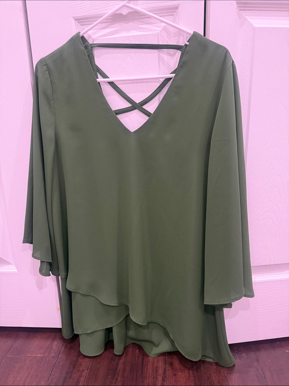 Karen Kane Olive Green Blouse with V-Neck Detail